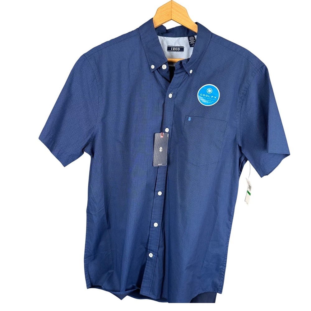 IZOD Advantage Performance Shirt Mens L Blue Cool FX Short Sleeve Button Down